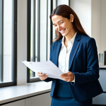 **

"A professional businesswoman in a bright, modern office. She's wearing a tailored, fully clothed, modest blazer and skirt. She is smiling confidently while reviewing documents. Sunlight streams through the large windows. safe for work, appropriate content, perfect anatomy, natural proportions, professional, high quality, well-formed hands, proper finger count, family-friendly."

**