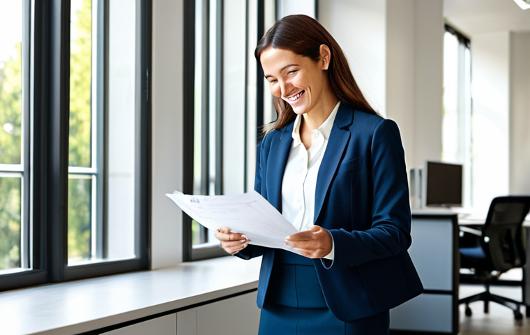 **

"A professional businesswoman in a bright, modern office. She's wearing a tailored, fully clothed, modest blazer and skirt. She is smiling confidently while reviewing documents. Sunlight streams through the large windows. safe for work, appropriate content, perfect anatomy, natural proportions, professional, high quality, well-formed hands, proper finger count, family-friendly."

**