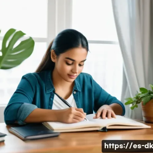 Home 33 정서 인식 향상을 위한 블로그 운영 방법 - A serene, cozy home office setting with a young Hispanic woman in her 30s sitting at a wooden desk, ...