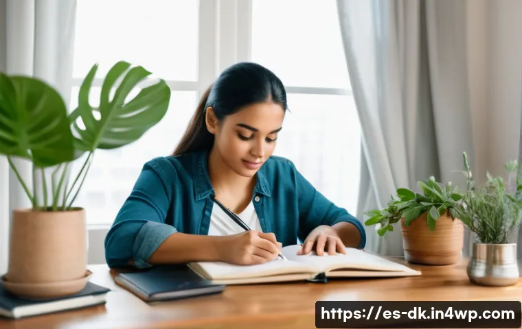 정서 인식 향상을 위한 블로그 운영 방법 - A serene, cozy home office setting with a young Hispanic woman in her 30s sitting at a wooden desk, ...